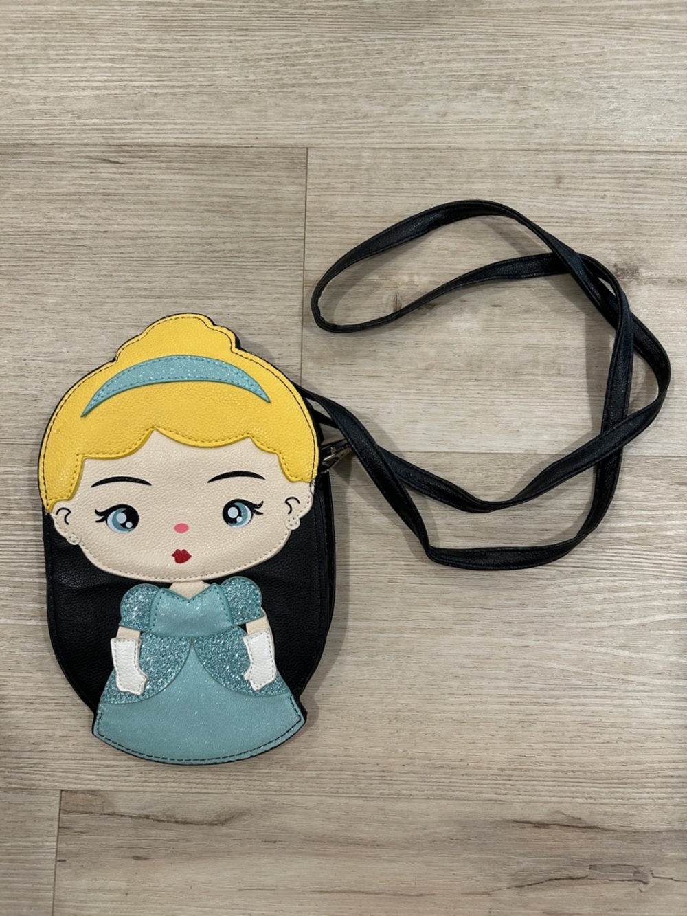 Sleepyville Critters Cinderella Crossbody Bag in Black and Light Blue